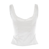 back view of a white satin button-down tank top