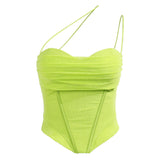 A lime green asymmetrical strap top with ruched detailing and a corset-style bodice is shown on a white background.