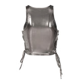 A front view of a silver metallic halter top with lace-up sides.