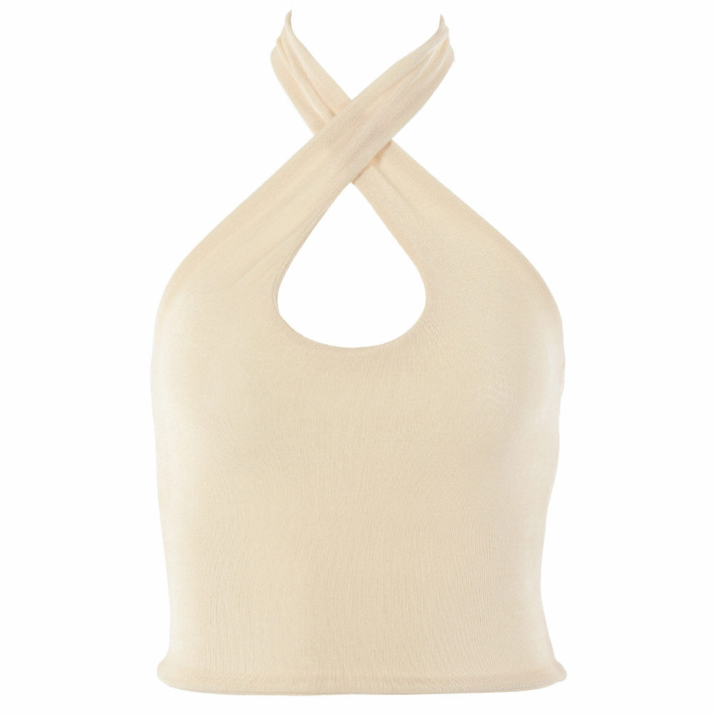 cream knit halter top with twisted straps