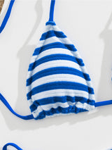 Close-up of the blue and white striped triangle bikini top.