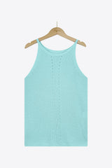 aqua knit tank top on a hanger