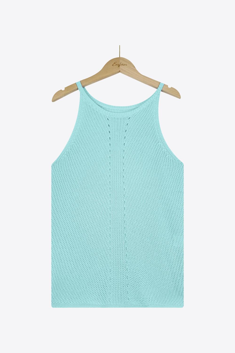 aqua knit tank top on a hanger