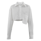 Front view of a white cropped button-up shirt with a collar and chest pocket