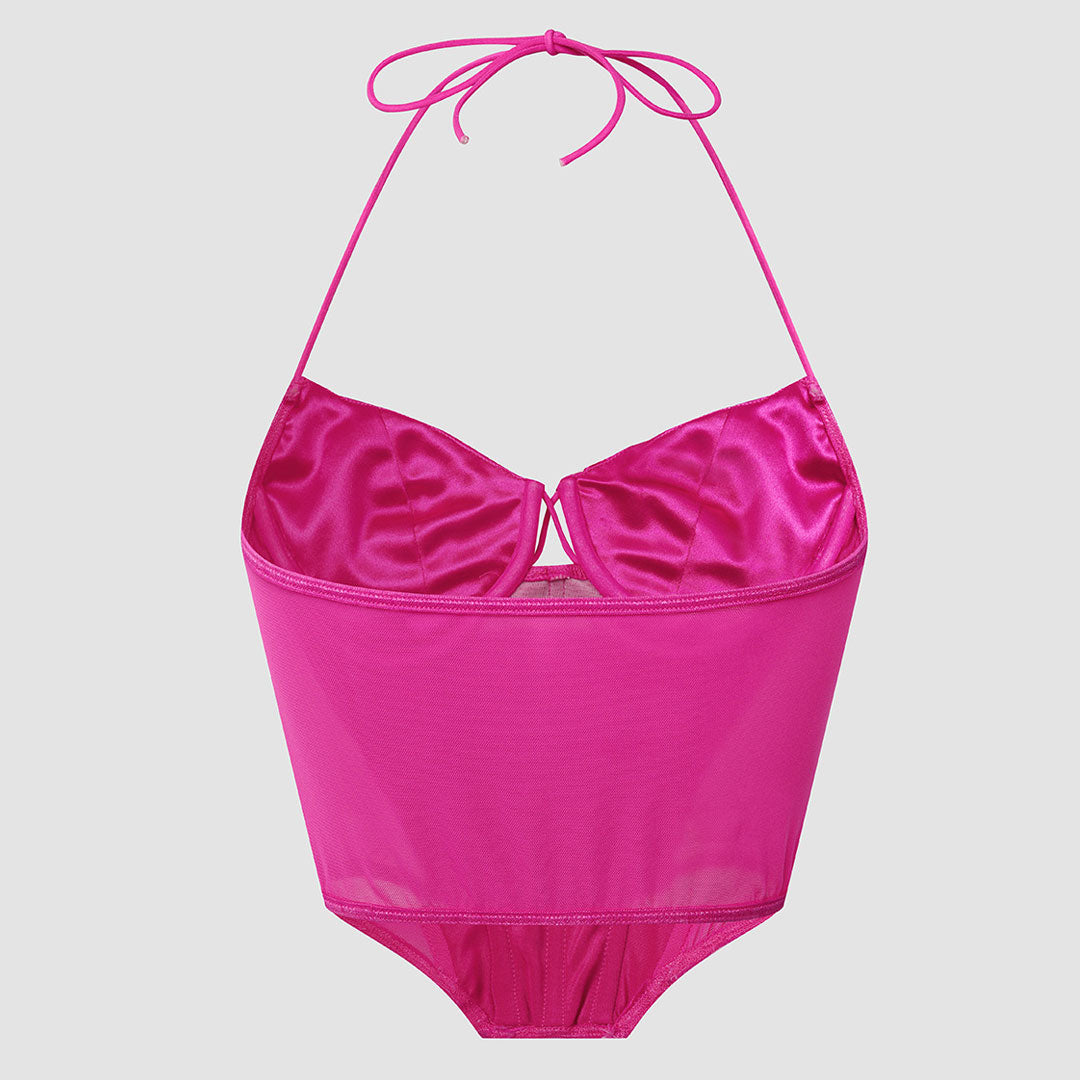 Satin ruched sweetheart halter crop corset top - View 6 | Clistos