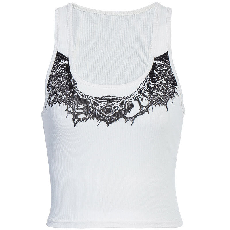 white ribbed crop top with a black graphic print of bat wings and a creature's head