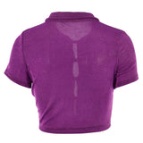 Back view of a purple cropped collared shirt with short sleeves and a sheer panel down the back.