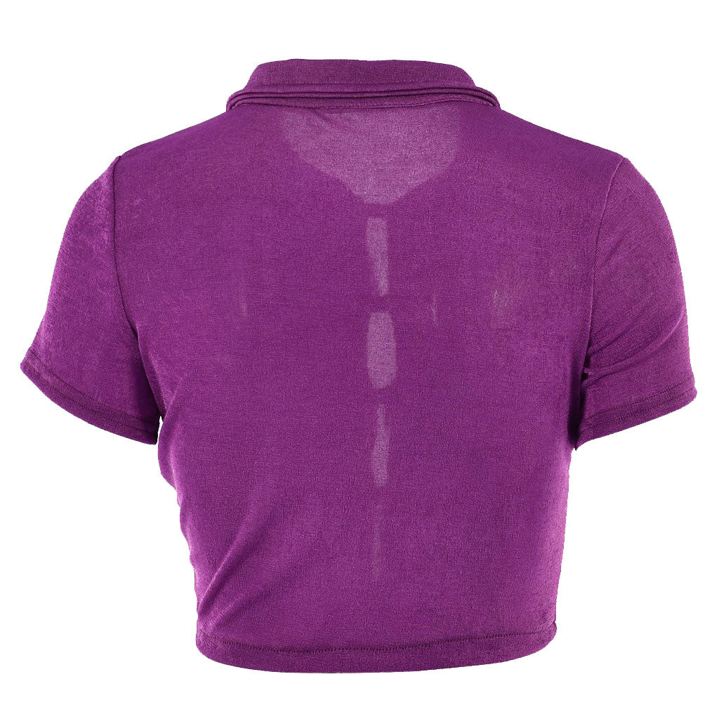 Back view of a purple cropped collared shirt with short sleeves and a sheer panel down the back.