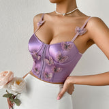 close-up of a woman wearing a purple satin corset top with butterfly embellishments and a white skirt