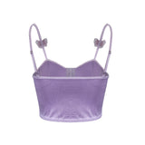 back view of a purple satin corset top with adjustable straps