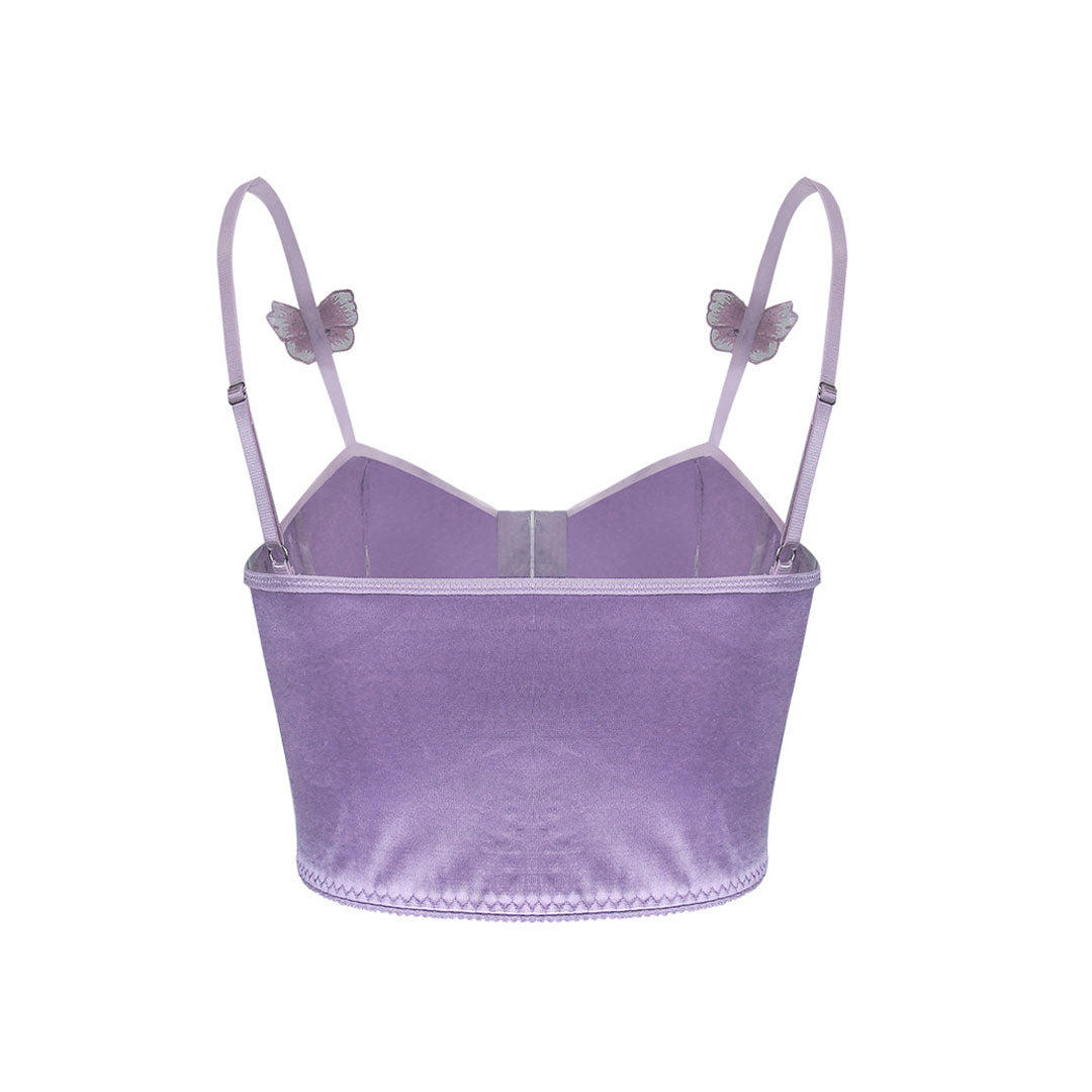 back view of a purple satin corset top with adjustable straps