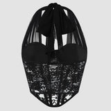 Front view of a black halter neck lace and mesh corset top.