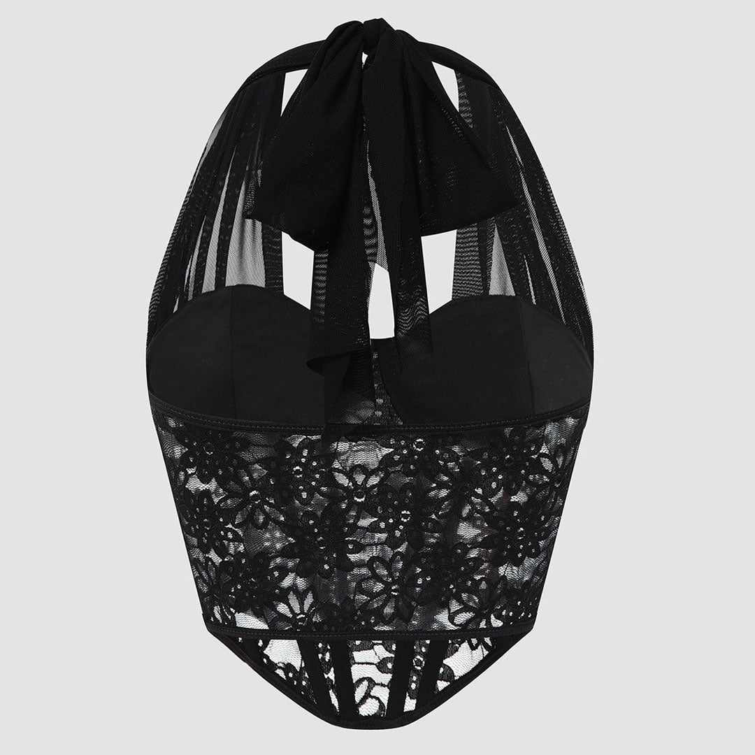 Front view of a black halter neck lace and mesh corset top.