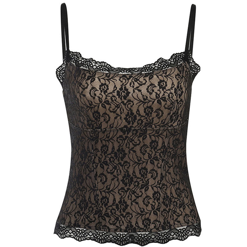 Black lace camisole with spaghetti straps and scalloped trim