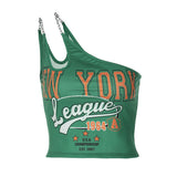 Green New York graphic print crop top with chain detail