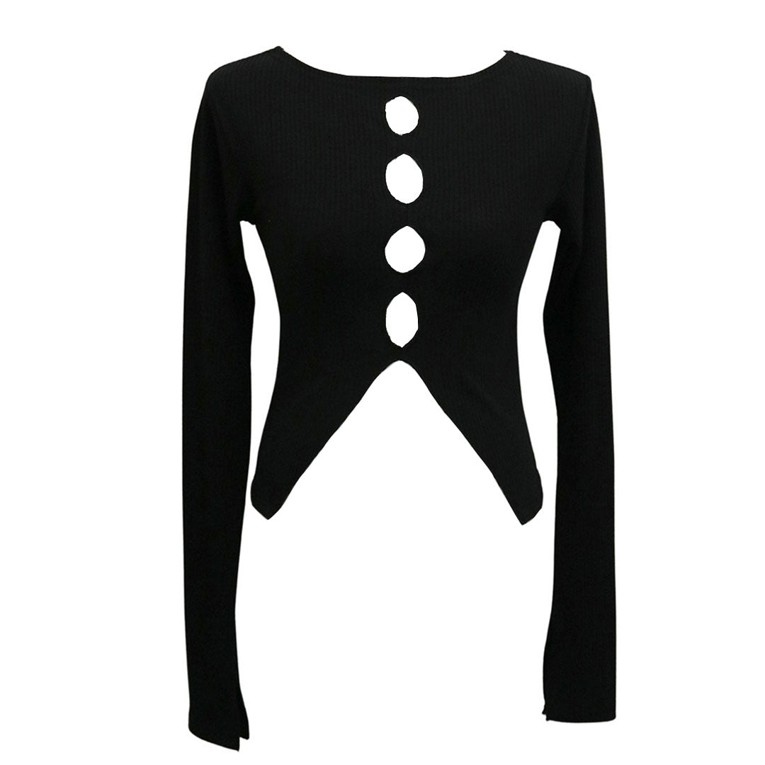 A black long-sleeve top with a scoop neckline and cut-out details.