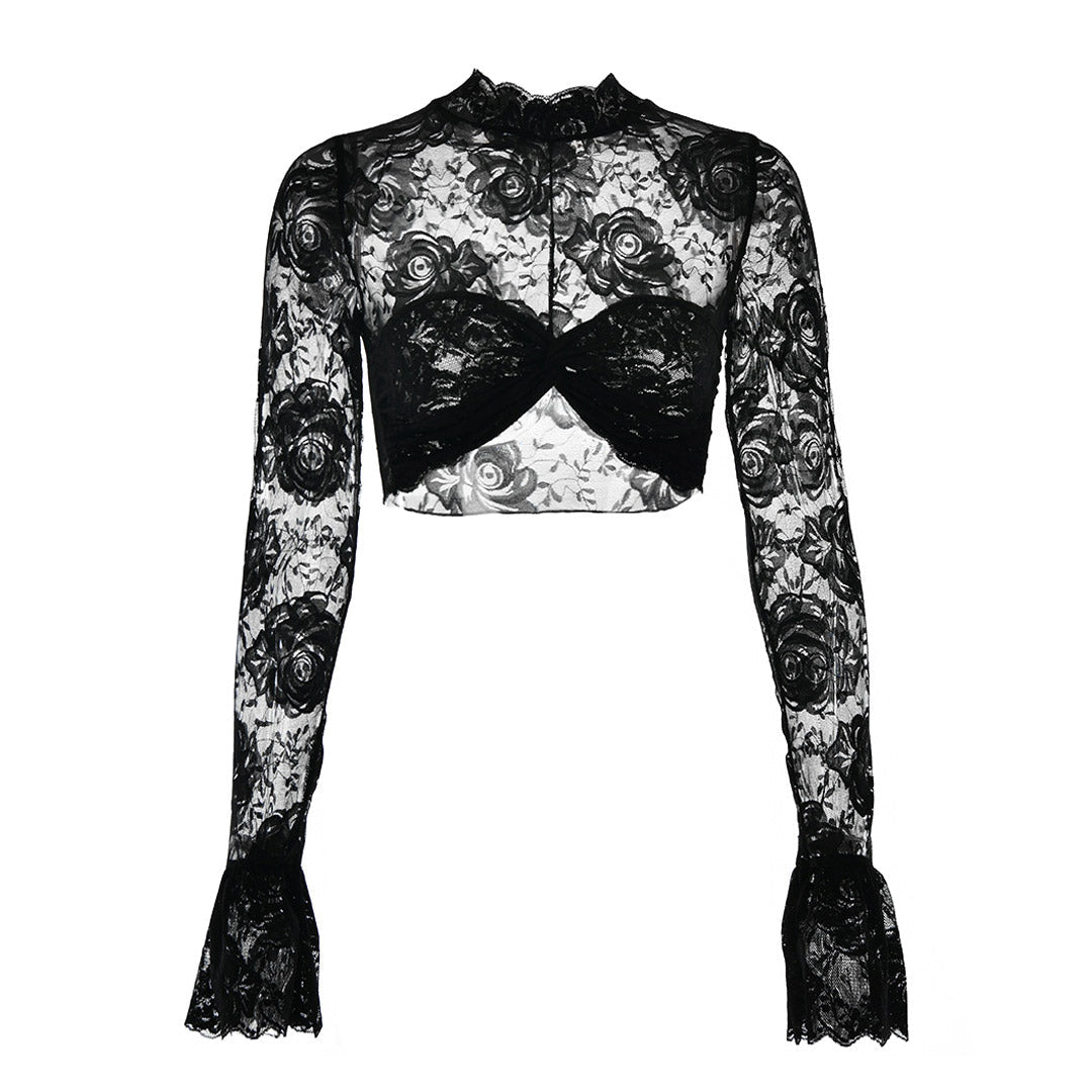 black lace crop top with bell sleeves and a twisted front, isolated on white