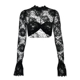 black lace crop top with bell sleeves and a twisted front, isolated on white