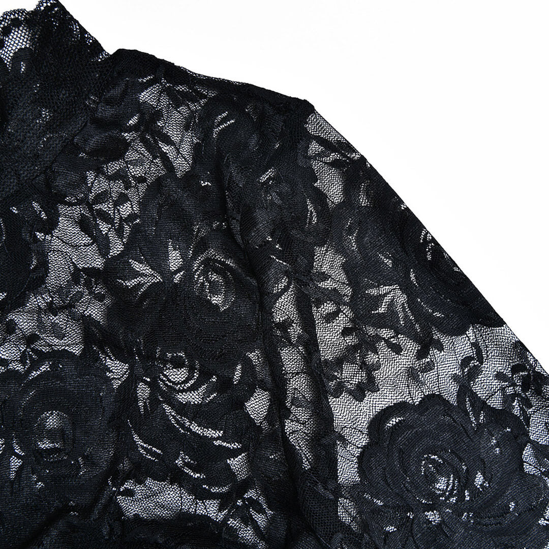 close-up of the black floral lace fabric on the crop top