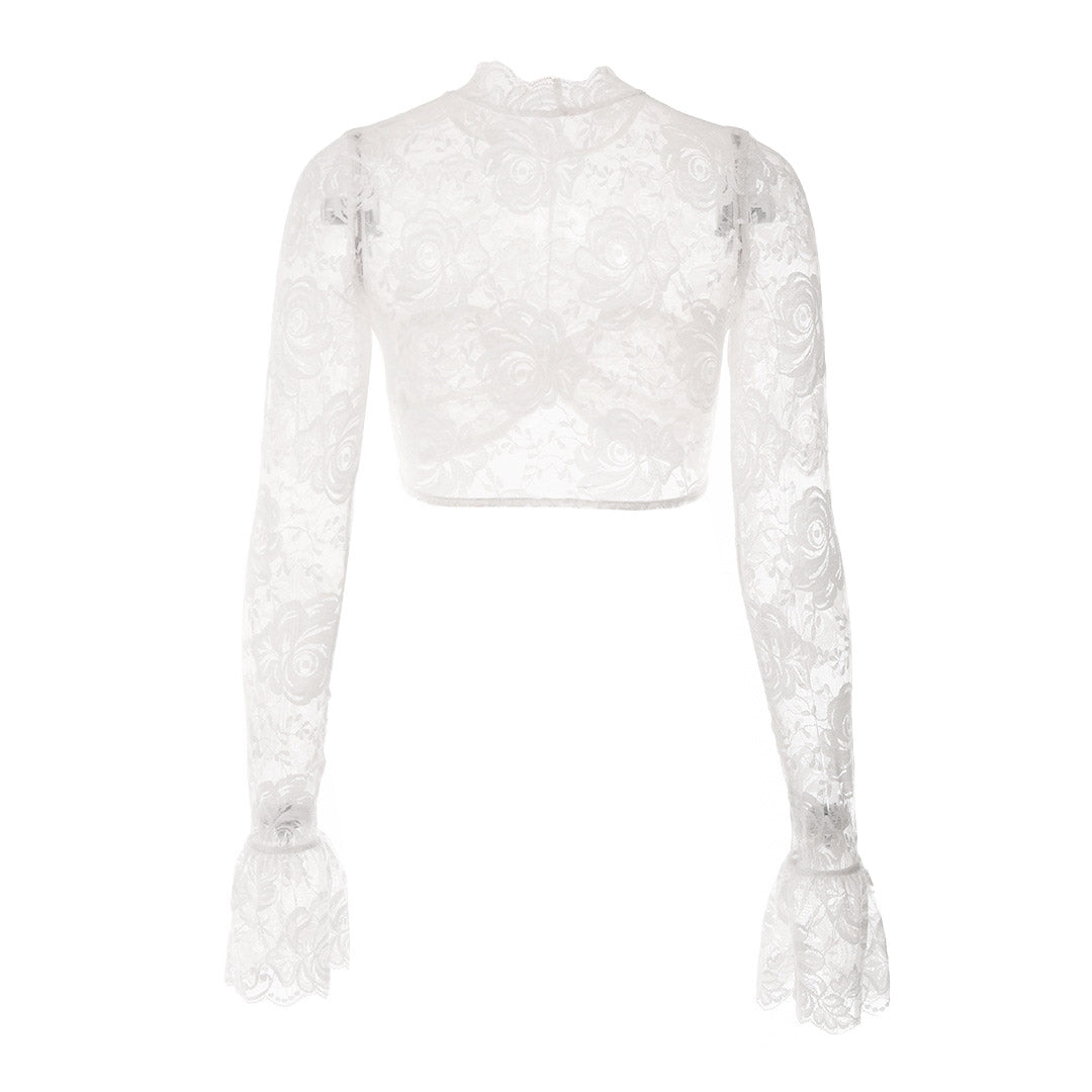 a white lace crop top with long sleeves and flared cuffs