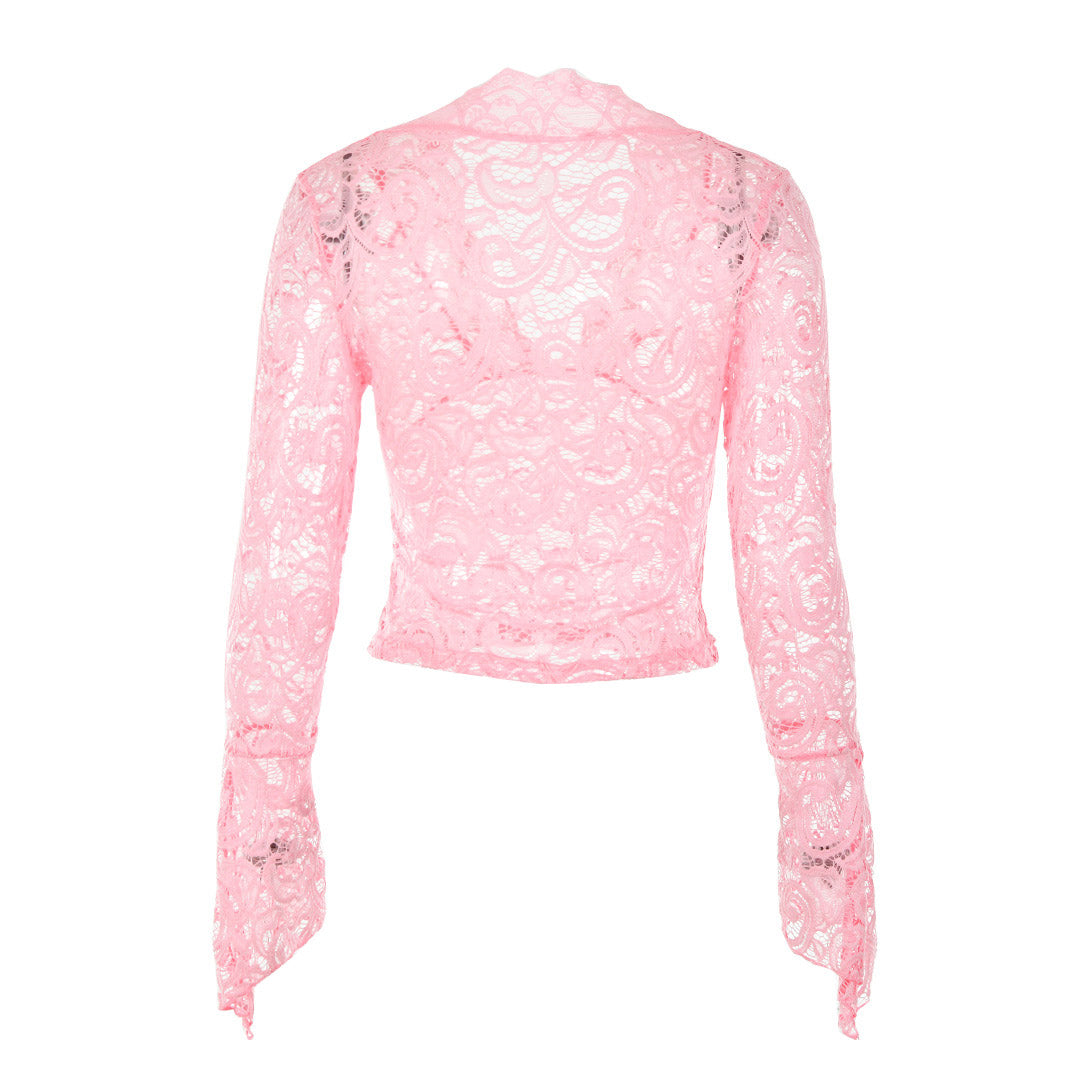 Sheer V Neck Flared Sleeve Lace Crop Top - Pink