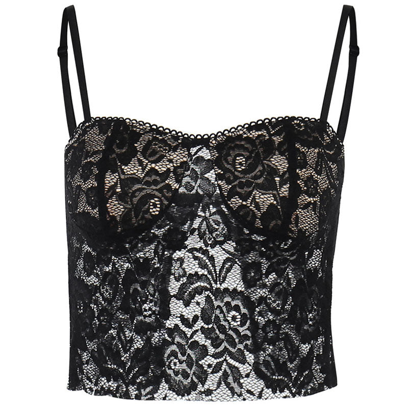 Front view of a black lace camisole with spaghetti straps