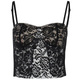 Front view of a black lace camisole with spaghetti straps