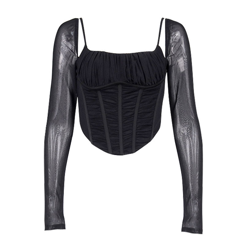 Black mesh long-sleeve corset top, front view.