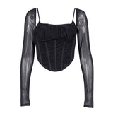 Black mesh long-sleeve corset top, front view.