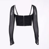 Black mesh long-sleeve corset top, back view with zipper.