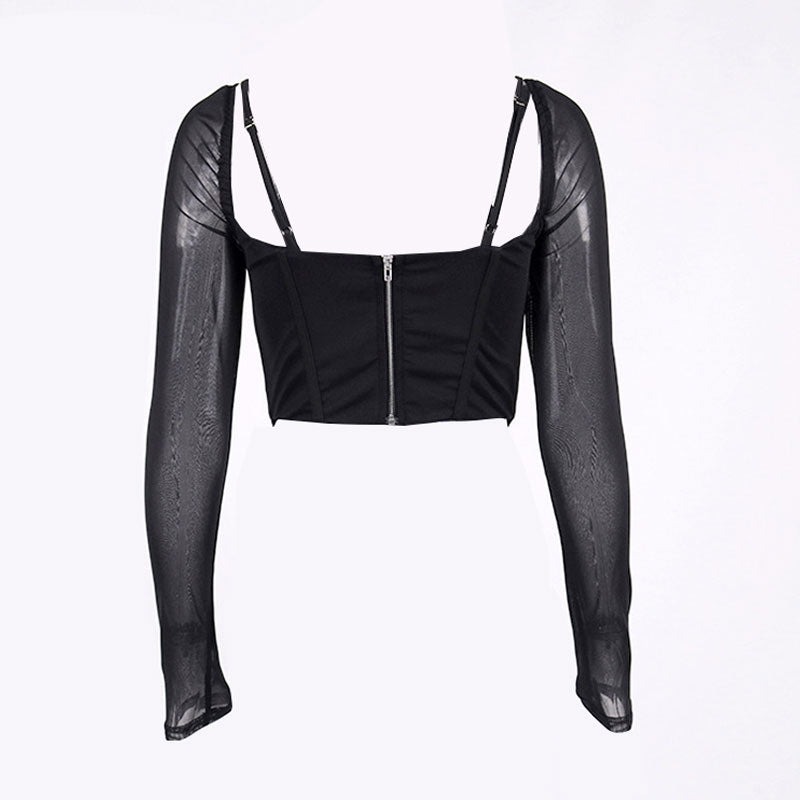 Black mesh long-sleeve corset top, back view with zipper.