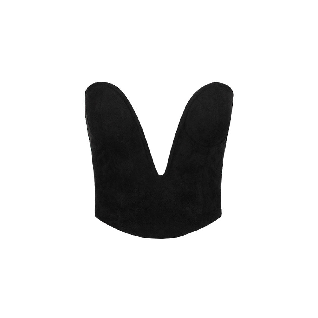 black strapless corset top with a deep plunging neckline, shown flat