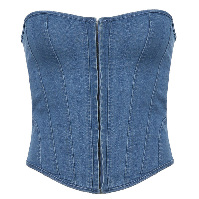 A blue denim strapless corset top with a front zipper closure, shown flat against a white background.