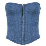 A blue denim strapless corset top with a front zipper closure, shown flat against a white background.