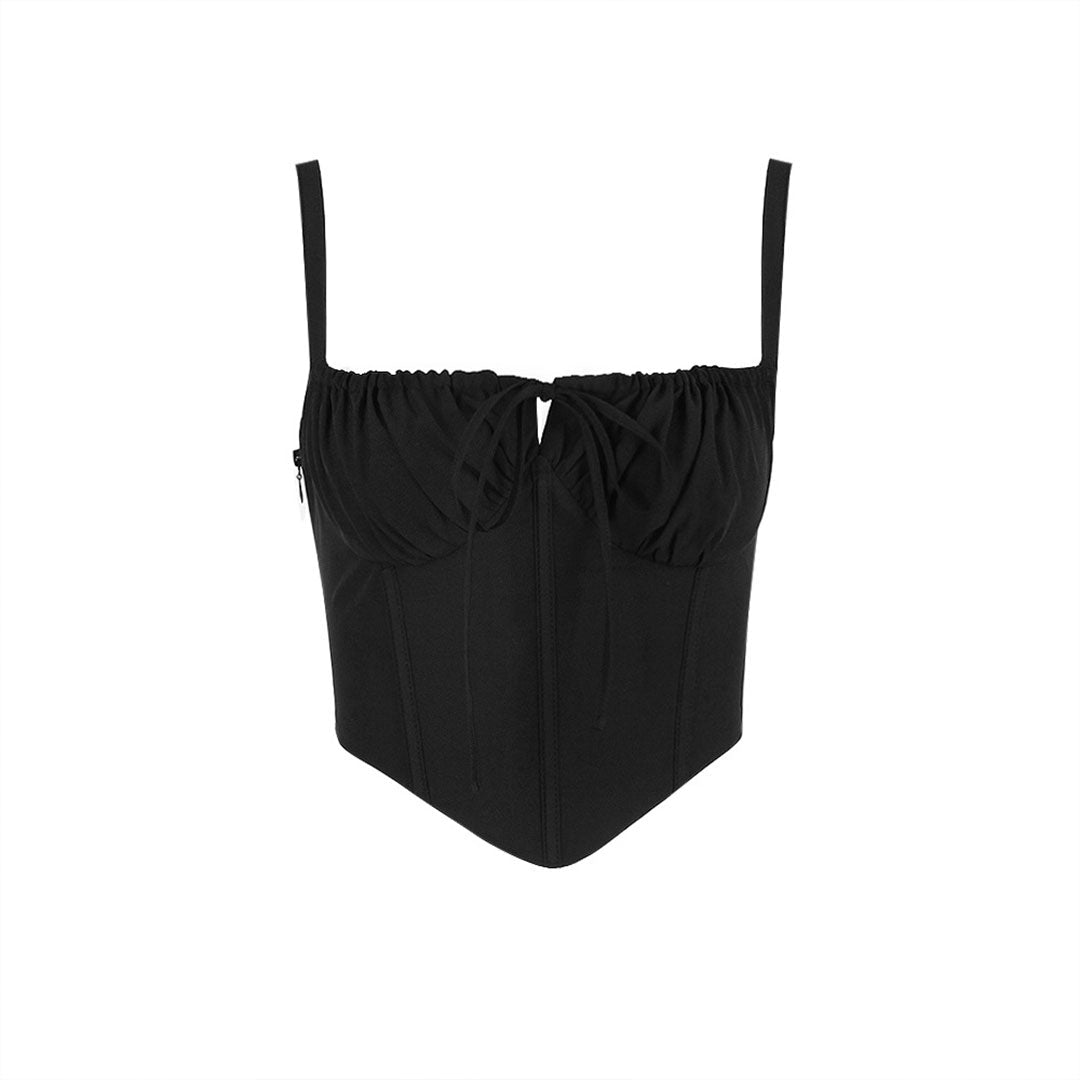 Front view of a black corset top with adjustable drawstring bust and straps.