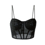Front view of a black sequined corset crop top with spaghetti straps