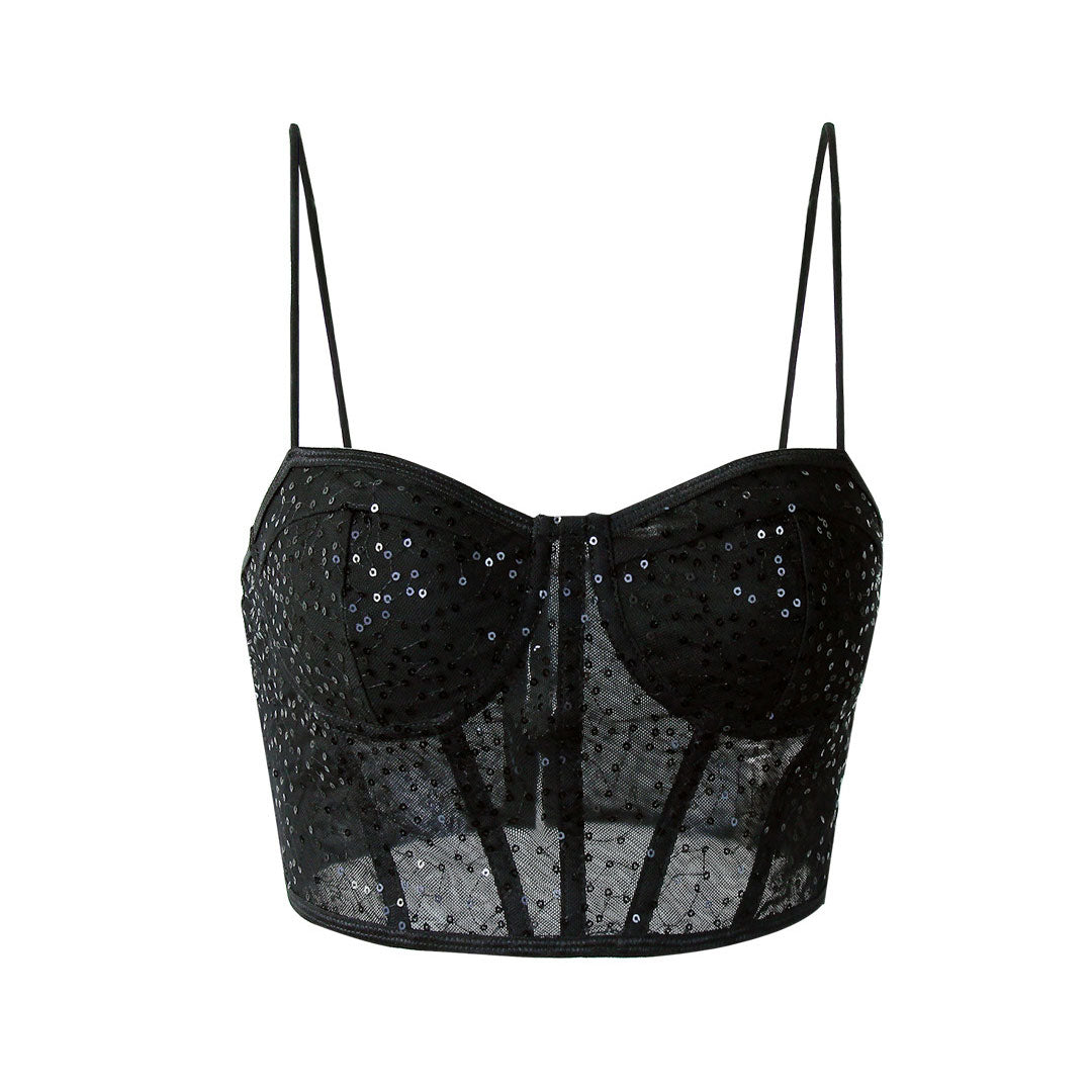 Front view of a black sequined corset crop top with spaghetti straps