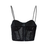 Back view of a black sequined corset crop top with spaghetti straps and hook and eye closure