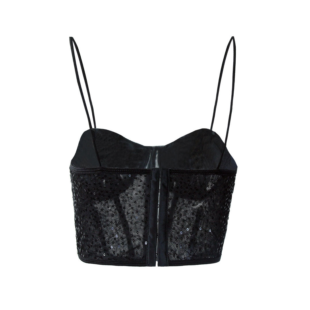 Back view of a black sequined corset crop top with spaghetti straps and hook and eye closure