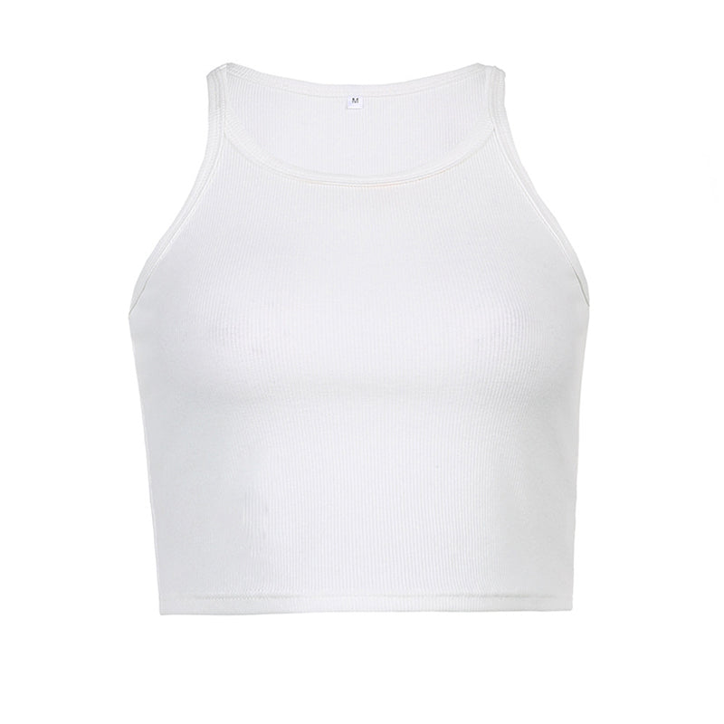 A white ribbed crop tank top against a white background.
