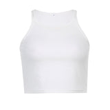 A white ribbed crop tank top against a white background.
