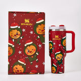 Red Stanley tumbler and matching gift box with holiday reindeer design