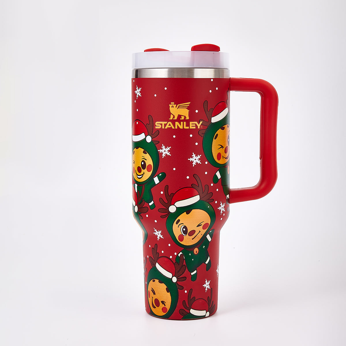 Close-up of the red Stanley tumbler with holiday reindeer design