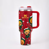 Close-up of the red Stanley tumbler with holiday reindeer design
