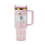 Stanley x LoveShackFancy Quencher H2.0 FlowState Tumbler, 40 oz, pink floral print, side view