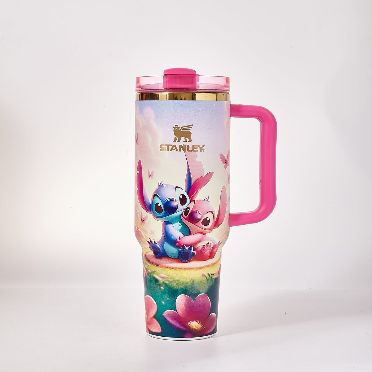 Stanley Stitch and Angel travel tumbler with pink handle