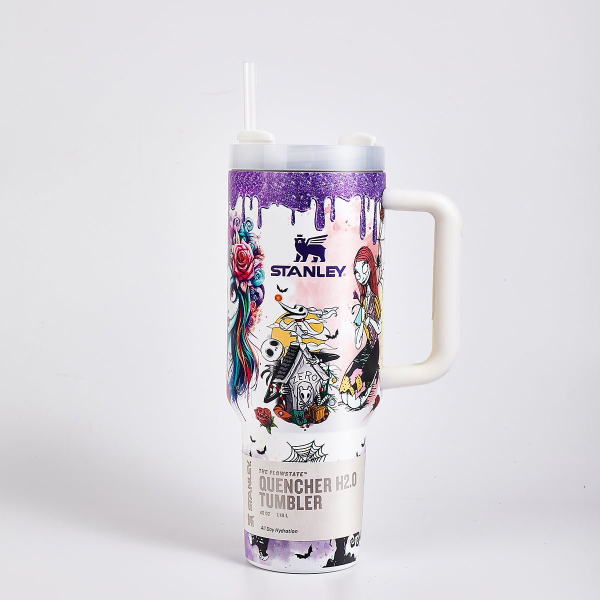 Stanley Luminous Glow Tumbler 40 oz Purple with Nightmare Before Christmas and Stitch artwork - View 4 | Clistos