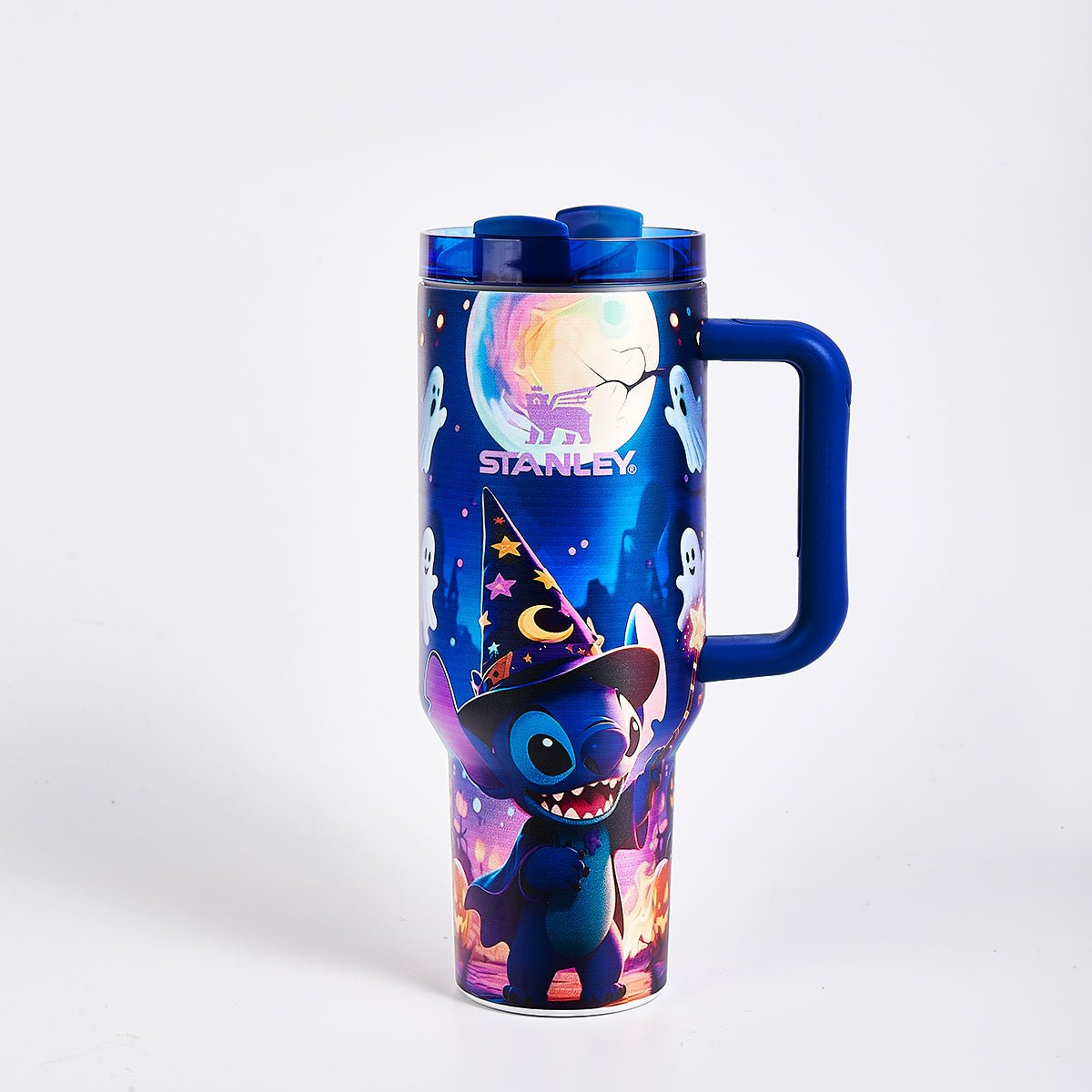 Stanley x Stitch Limited Edition Luminous Tumbler 40 oz in sapphire blue with glow-in-the-dark wizard Stitch artwork - View 1 | Clistos
