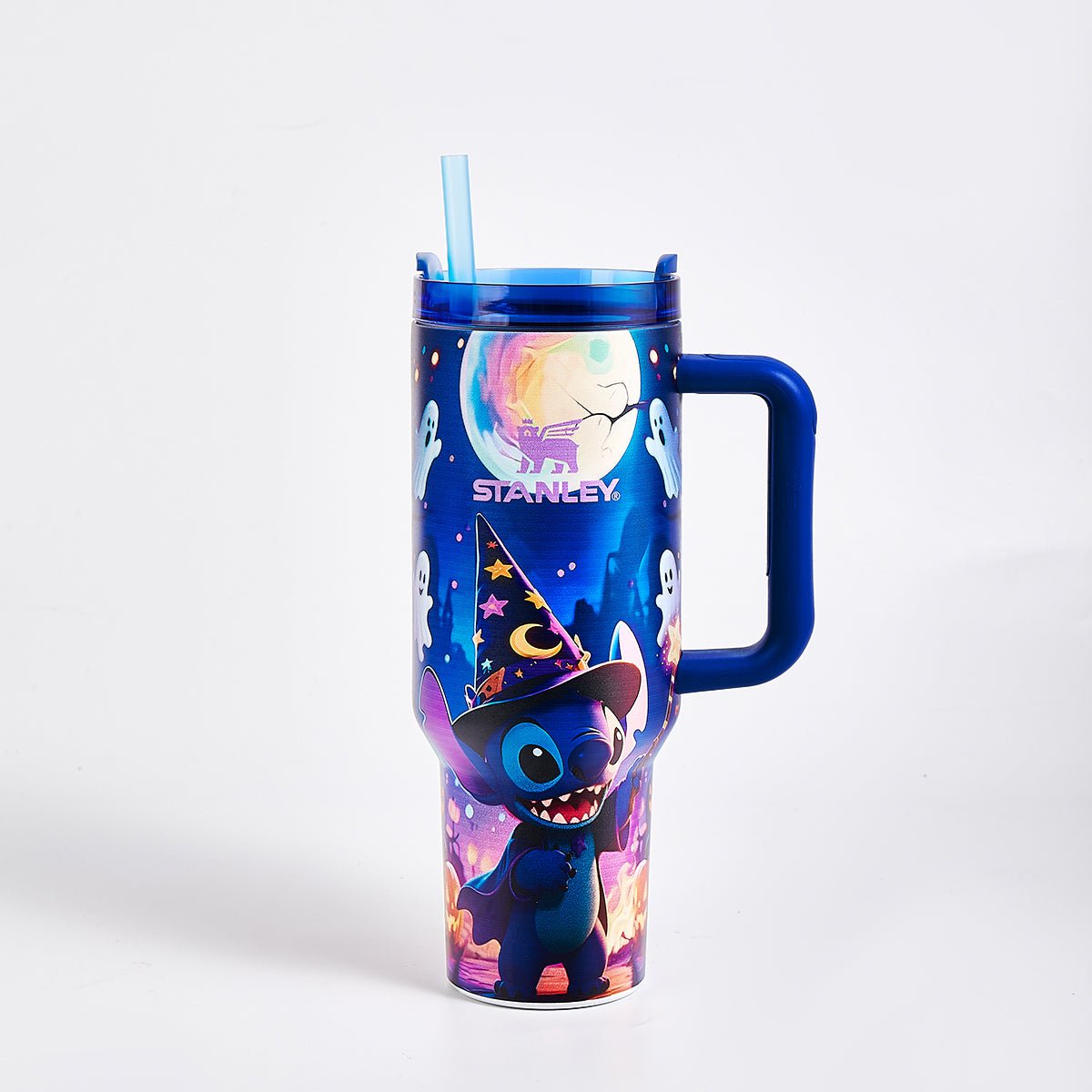 Stanley x Stitch Limited Edition Luminous Tumbler 40 oz in sapphire blue with glow-in-the-dark wizard Stitch artwork - View 4 | Clistos