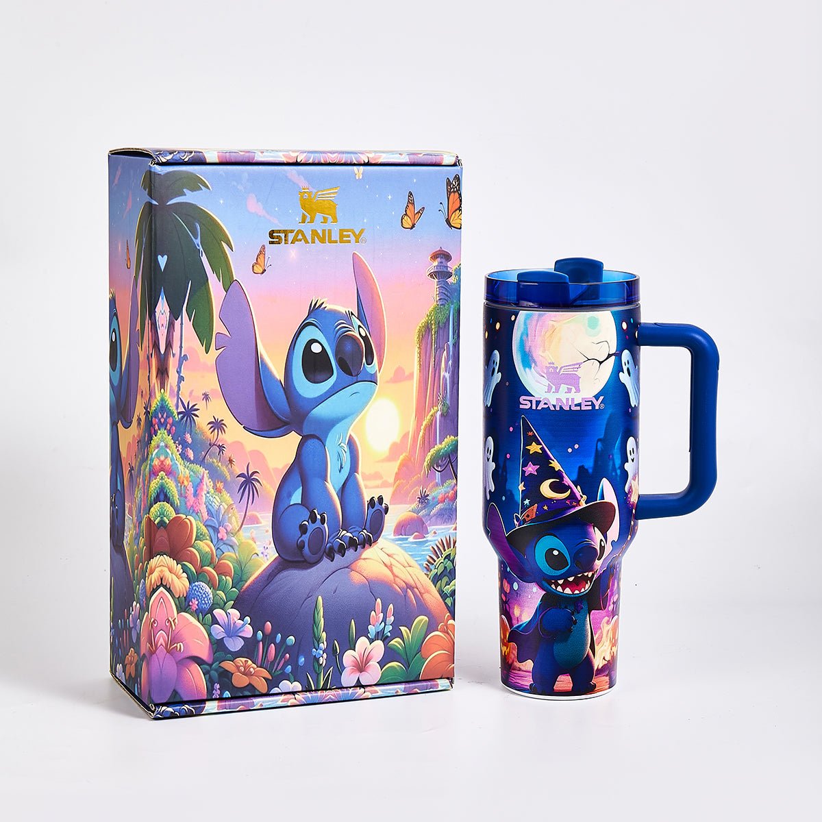 Stanley x Stitch Limited Edition Luminous Tumbler 40 oz in sapphire blue with glow-in-the-dark wizard Stitch artwork - View 2 | Clistos